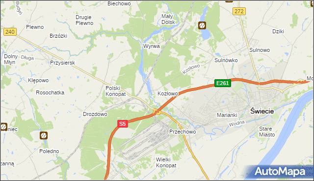 mapa Kozłowo gmina Świecie, Kozłowo gmina Świecie na mapie Targeo