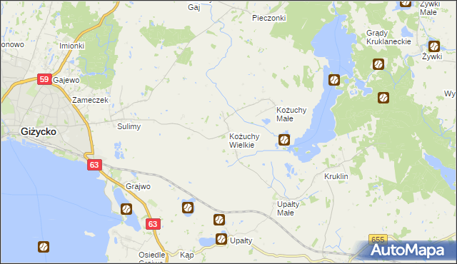 mapa Kożuchy Wielkie, Kożuchy Wielkie na mapie Targeo