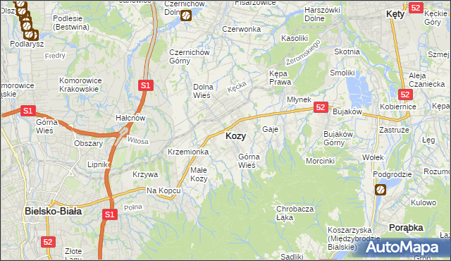 mapa Kozy powiat bielski, Kozy powiat bielski na mapie Targeo