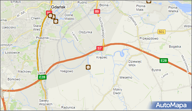 mapa Krępiec gmina Pruszcz Gdański, Krępiec gmina Pruszcz Gdański na mapie Targeo