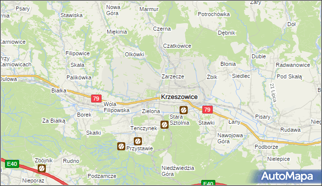 mapa Krzeszowice, Krzeszowice na mapie Targeo
