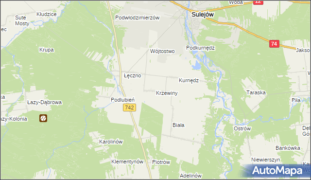 mapa Krzewiny gmina Sulejów, Krzewiny gmina Sulejów na mapie Targeo