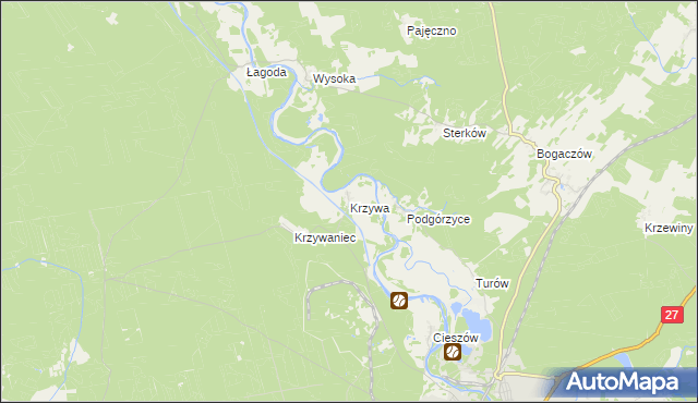 mapa Krzywa gmina Nowogród Bobrzański, Krzywa gmina Nowogród Bobrzański na mapie Targeo