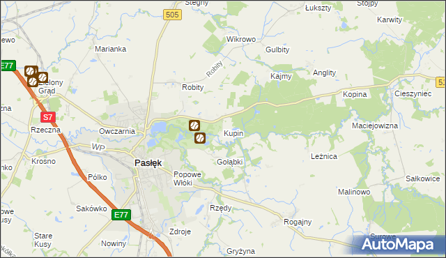 mapa Kupin gmina Pasłęk, Kupin gmina Pasłęk na mapie Targeo