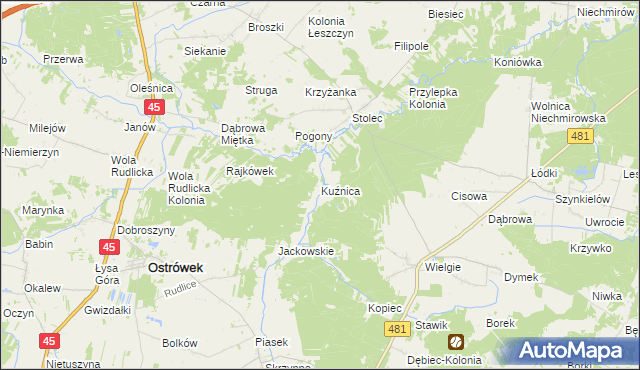 mapa Kuźnica gmina Ostrówek, Kuźnica gmina Ostrówek na mapie Targeo