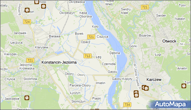 mapa Łęg gmina Konstancin-Jeziorna, Łęg gmina Konstancin-Jeziorna na mapie Targeo