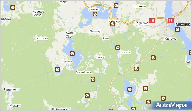 mapa Lisiny gmina Mikołajki, Lisiny gmina Mikołajki na mapie Targeo