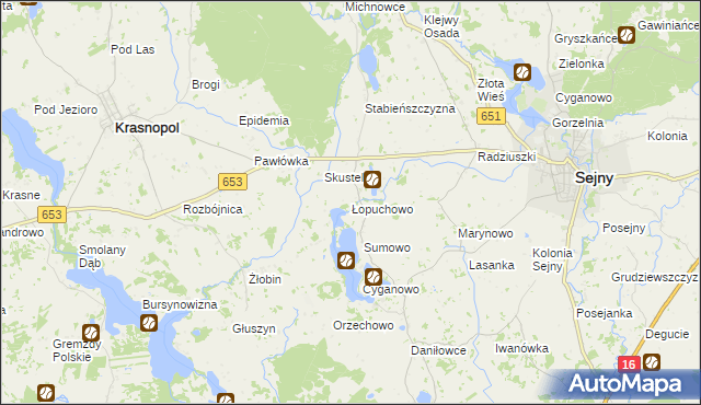 mapa Łopuchowo gmina Krasnopol, Łopuchowo gmina Krasnopol na mapie Targeo