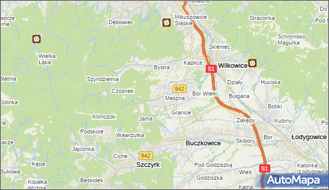 mapa Meszna gmina Wilkowice, Meszna gmina Wilkowice na mapie Targeo