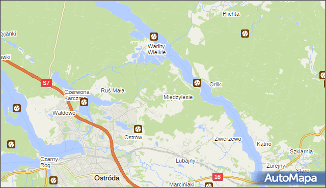 mapa Międzylesie gmina Ostróda, Międzylesie gmina Ostróda na mapie Targeo