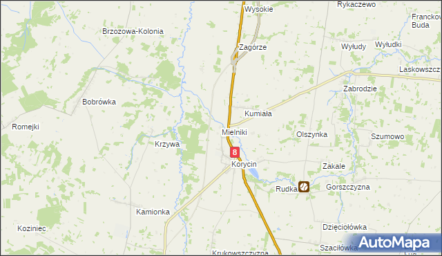 mapa Mielniki gmina Korycin, Mielniki gmina Korycin na mapie Targeo
