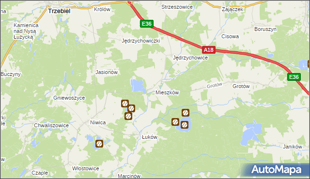 mapa Mieszków gmina Trzebiel, Mieszków gmina Trzebiel na mapie Targeo