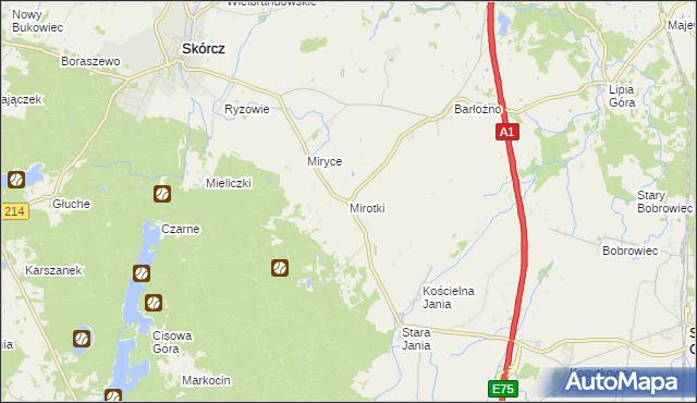 mapa Mirotki gmina Skórcz, Mirotki gmina Skórcz na mapie Targeo