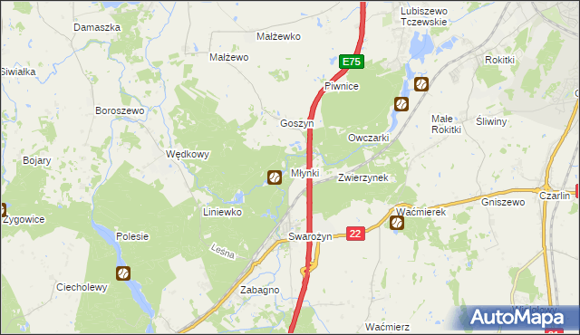 mapa Młynki gmina Tczew, Młynki gmina Tczew na mapie Targeo