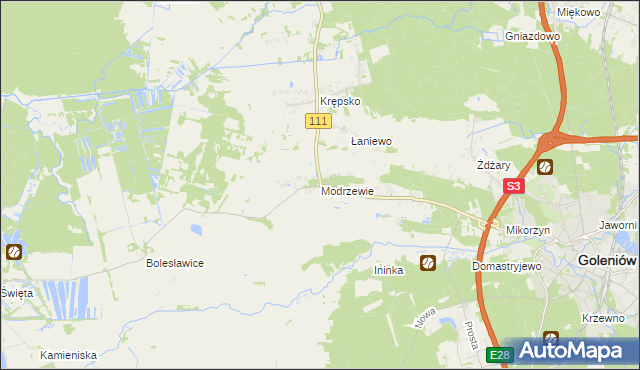 mapa Modrzewie gmina Goleniów, Modrzewie gmina Goleniów na mapie Targeo