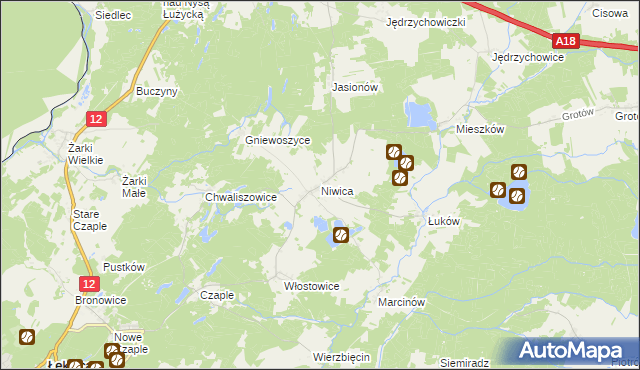 mapa Niwica gmina Trzebiel, Niwica gmina Trzebiel na mapie Targeo