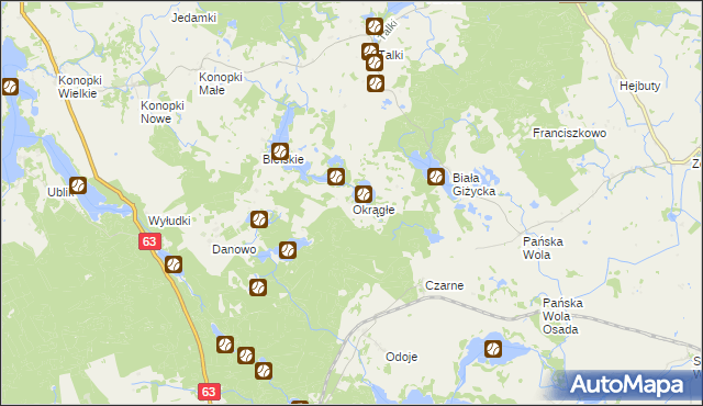 mapa Okrągłe gmina Wydminy, Okrągłe gmina Wydminy na mapie Targeo