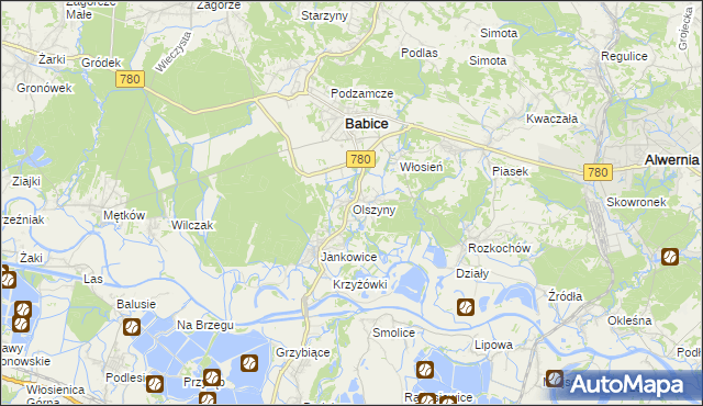 mapa Olszyny gmina Babice, Olszyny gmina Babice na mapie Targeo