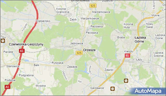 mapa Orzesze powiat mikołowski, Orzesze powiat mikołowski na mapie Targeo