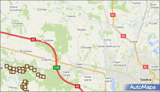 mapa Ostrówek gmina Siedlce, Ostrówek gmina Siedlce na mapie Targeo