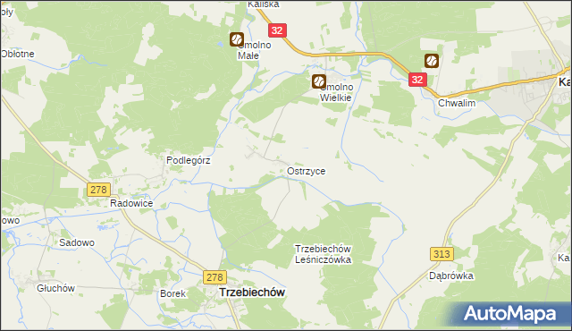 mapa Ostrzyce gmina Trzebiechów, Ostrzyce gmina Trzebiechów na mapie Targeo
