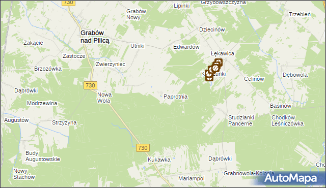 mapa Paprotnia gmina Grabów nad Pilicą, Paprotnia gmina Grabów nad Pilicą na mapie Targeo