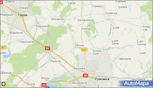 mapa Pniów gmina Toszek, Pniów gmina Toszek na mapie Targeo