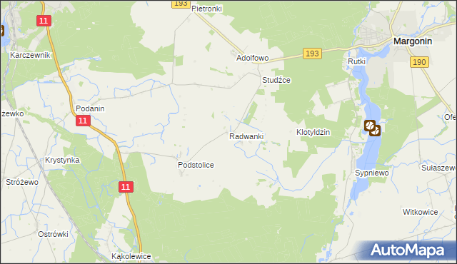 mapa Radwanki gmina Margonin, Radwanki gmina Margonin na mapie Targeo