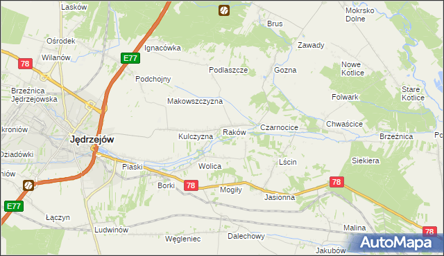 mapa Raków gmina Jędrzejów, Raków gmina Jędrzejów na mapie Targeo