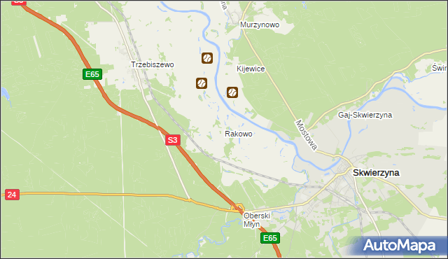 mapa Rakowo gmina Skwierzyna, Rakowo gmina Skwierzyna na mapie Targeo