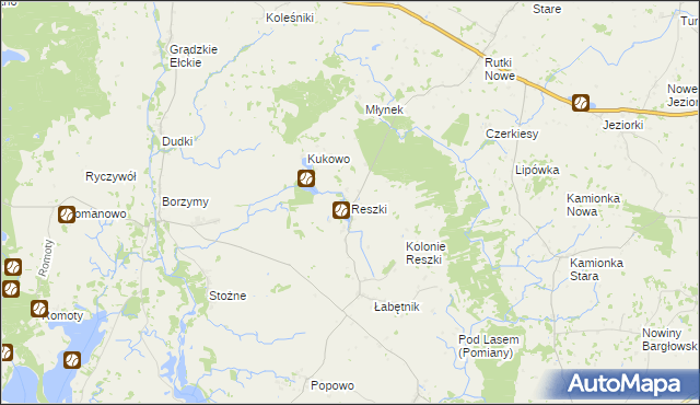 mapa Reszki gmina Bargłów Kościelny, Reszki gmina Bargłów Kościelny na mapie Targeo