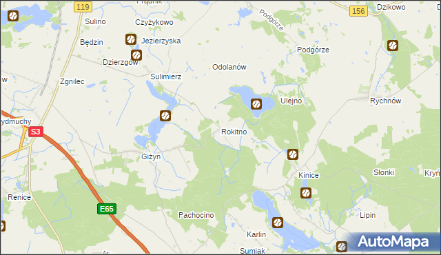 mapa Rokitno gmina Nowogródek Pomorski, Rokitno gmina Nowogródek Pomorski na mapie Targeo