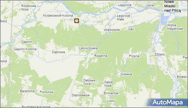 mapa Różanna gmina Odrzywół, Różanna gmina Odrzywół na mapie Targeo