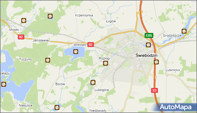 mapa Rozłogi gmina Świebodzin, Rozłogi gmina Świebodzin na mapie Targeo