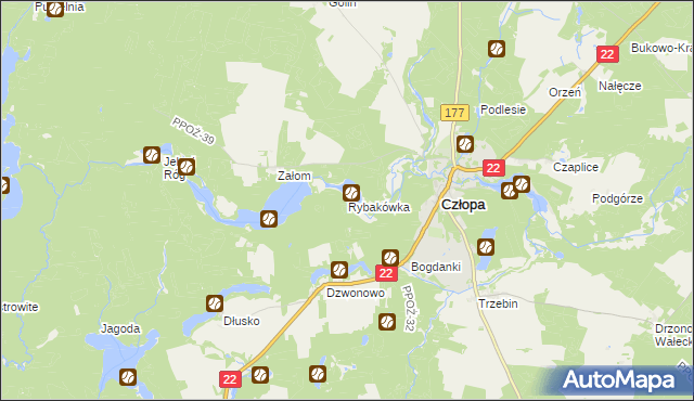 mapa Rybakówka gmina Człopa, Rybakówka gmina Człopa na mapie Targeo