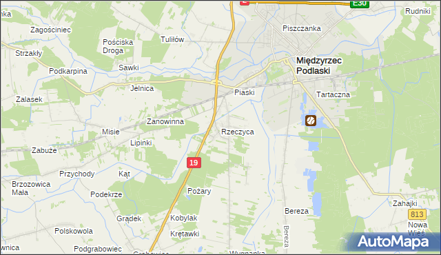 mapa Rzeczyca gmina Międzyrzec Podlaski, Rzeczyca gmina Międzyrzec Podlaski na mapie Targeo