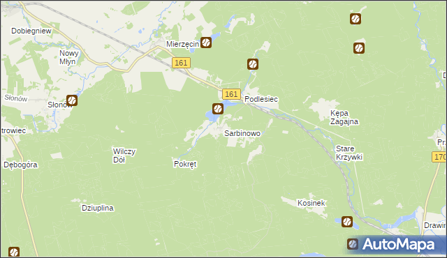 mapa Sarbinowo gmina Dobiegniew, Sarbinowo gmina Dobiegniew na mapie Targeo