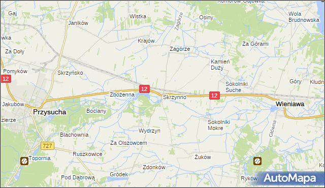 mapa Skrzynno gmina Wieniawa, Skrzynno gmina Wieniawa na mapie Targeo
