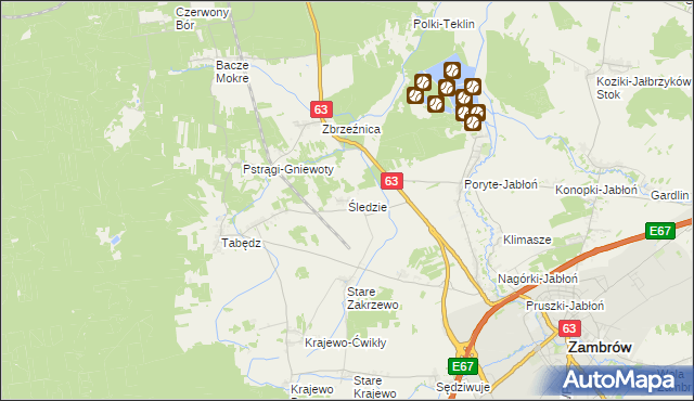 mapa Śledzie gmina Zambrów, Śledzie gmina Zambrów na mapie Targeo