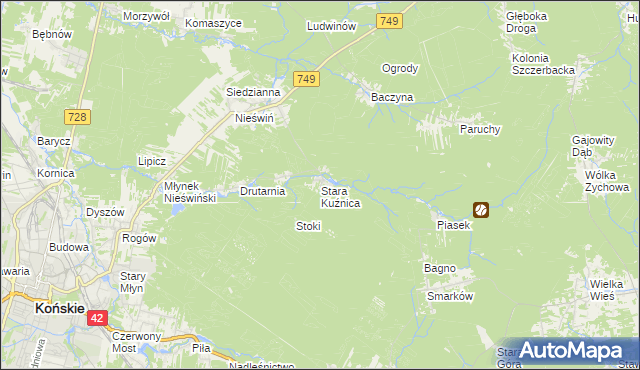 mapa Stara Kuźnica gmina Końskie, Stara Kuźnica gmina Końskie na mapie Targeo