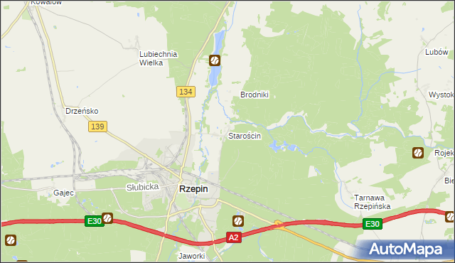 mapa Starościn gmina Rzepin, Starościn gmina Rzepin na mapie Targeo