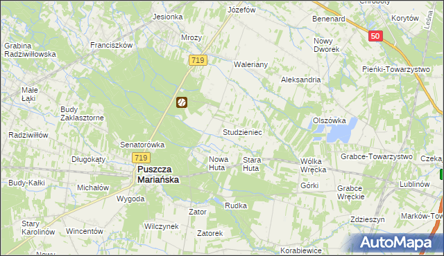 mapa Studzieniec gmina Puszcza Mariańska, Studzieniec gmina Puszcza Mariańska na mapie Targeo