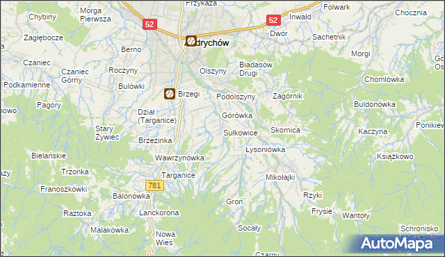 mapa Sułkowice gmina Andrychów, Sułkowice gmina Andrychów na mapie Targeo