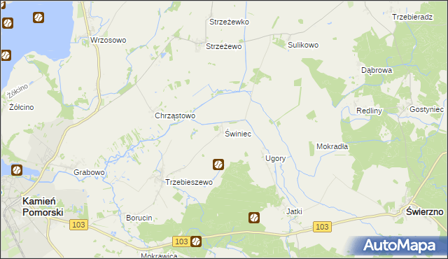 mapa Świniec gmina Kamień Pomorski, Świniec gmina Kamień Pomorski na mapie Targeo