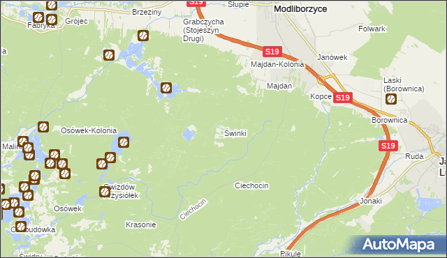 mapa Świnki gmina Modliborzyce, Świnki gmina Modliborzyce na mapie Targeo