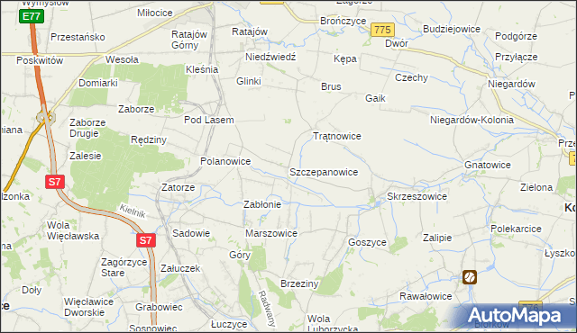 mapa Szczepanowice gmina Słomniki, Szczepanowice gmina Słomniki na mapie Targeo