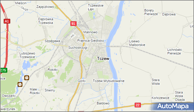 mapa Tczew, Tczew na mapie Targeo