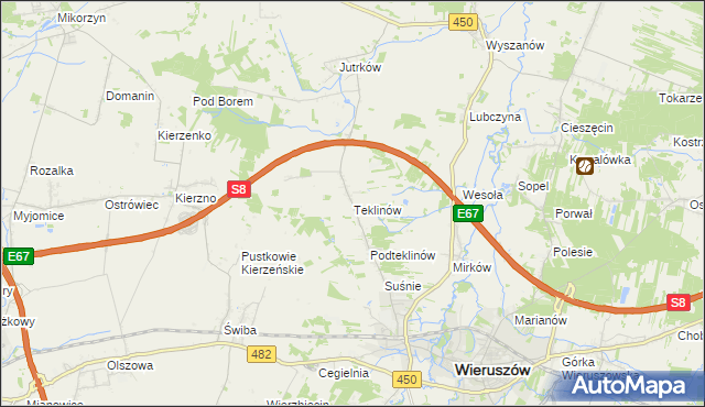 mapa Teklinów gmina Wieruszów, Teklinów gmina Wieruszów na mapie Targeo
