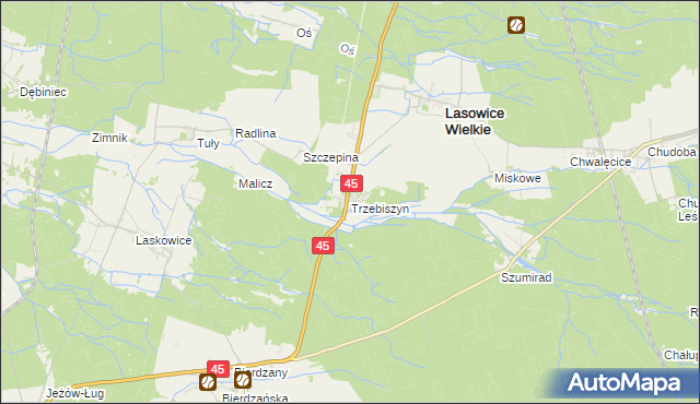 mapa Trzebiszyn gmina Lasowice Wielkie, Trzebiszyn gmina Lasowice Wielkie na mapie Targeo