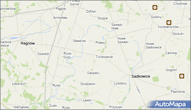 mapa Turobowice gmina Sadkowice, Turobowice gmina Sadkowice na mapie Targeo